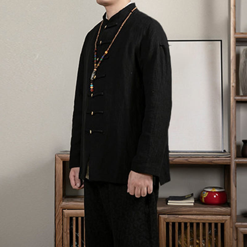 Koszula męska Buddha Stones Casual Frog-Button Tang Suit Jacquard Linen