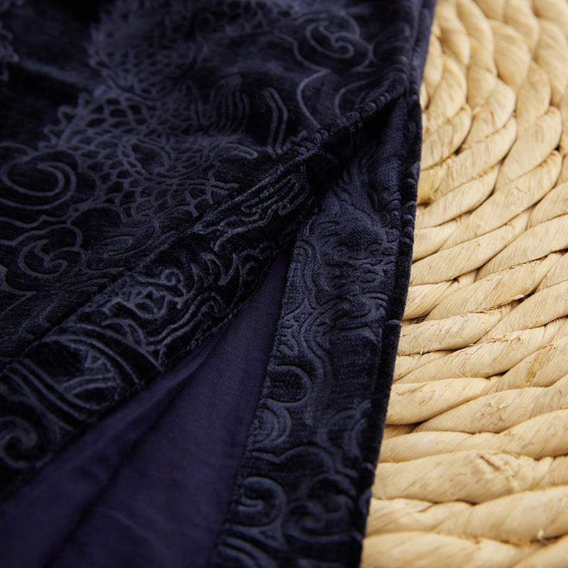 Buddha Stones Vintage Jesień Zima Chiński Żaba-Guzik Tang Garnitur Męski Smok Żakardowy Szata Z Kieszeniami - image 11