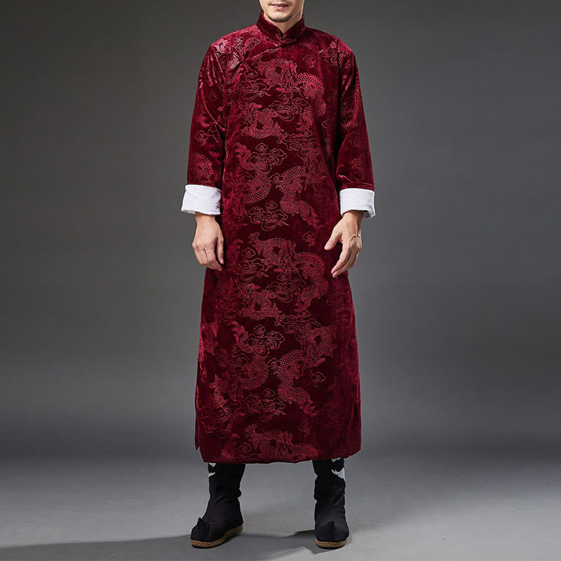 Buddha Stones Vintage Jesień Zima Chiński Żaba-Guzik Tang Garnitur Męski Smok Żakardowy Szata Z Kieszeniami - Karmazynowy - US/UK/AU38， EU48 (XL) - image 18