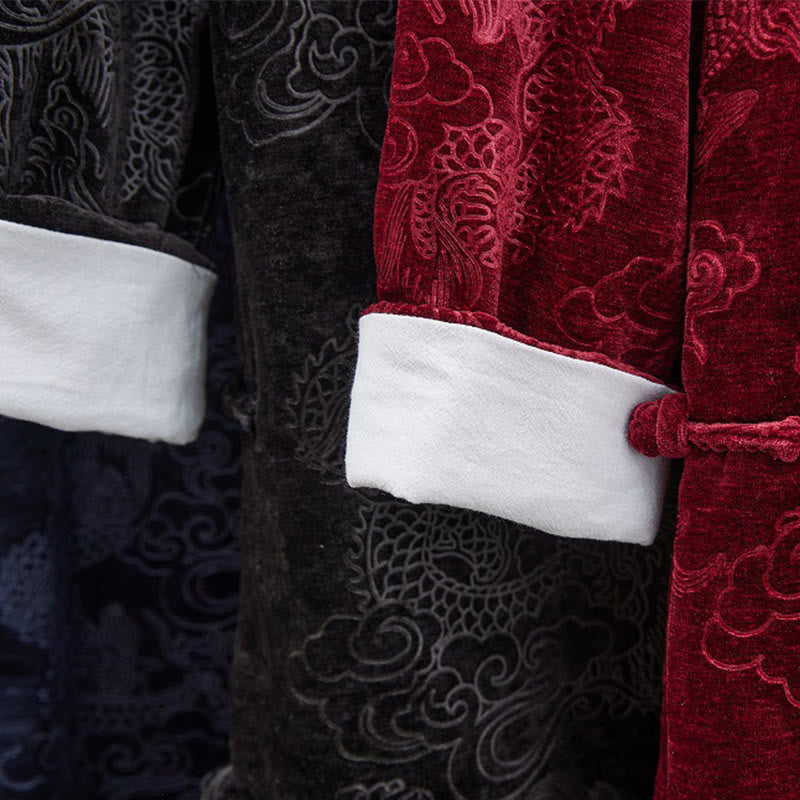 Buddha Stones Vintage Jesień Zima Chiński Żaba-Guzik Tang Garnitur Męski Smok Żakardowy Szata Z Kieszeniami - image 28