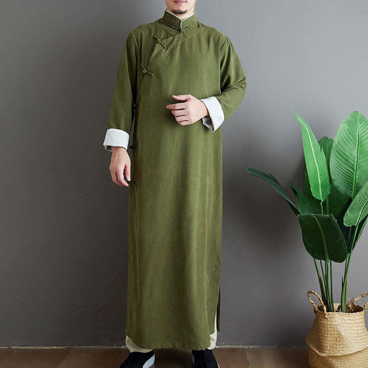Buddha Stones Jesień Jednolity Kolor Chiński Żaba-Guzik Bawełna Męski Garnitur Tang Robe