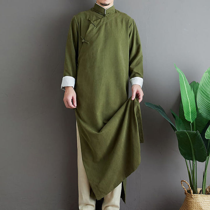 Buddha Stones Jesień Jednolity Kolor Chiński Żaba-Guzik Bawełna Męski Garnitur Tang Robe