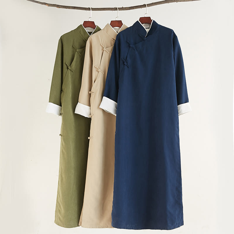 Buddha Stones Jesień Jednolity Kolor Chiński Żaba-Guzik Bawełna Męski Garnitur Tang Robe - image 1