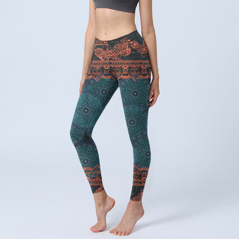 Buddha Stones Zielone Mandale Kwiatowe Nadruki Leginsy Fitness Siłownia Damskie Spodnie Do Jogi - CadetBlue - US18, UK/AU22, EU50 (4XL) - image 0