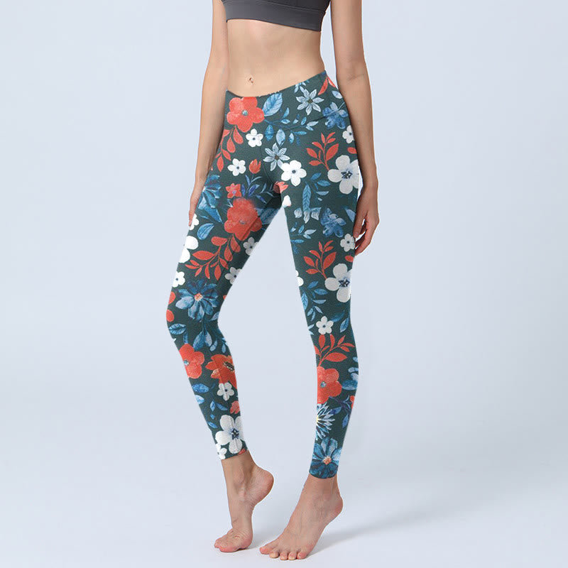 Buddha Stones Czerwony Biały Kwiat Mniszek Lekarski Nadruk Siłownia Fitness Legginsy Damskie Spodnie Do Jogi - Stalowoniebieski - US18, UK/AU22, EU50 (4XL) - image 1