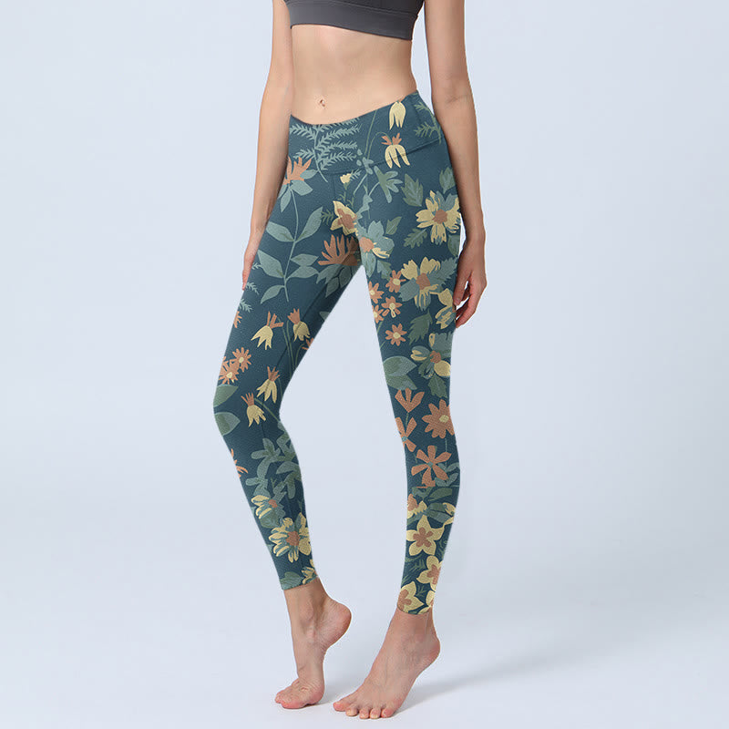 Buddha Stones Casual Daisy Kwiaty Liście Nadruk Siłownia Fitness Legginsy Damskie Spodnie Do Jogi - Stalowoniebieski - US18, UK/AU22, EU50 (4XL) - image 0