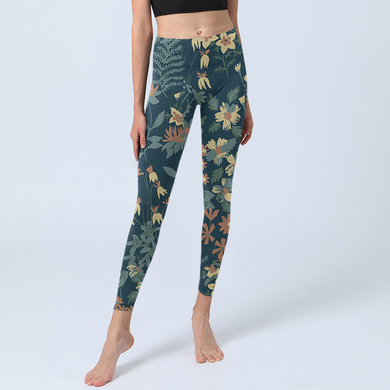 Buddha Stones Casual Daisy Kwiaty Liście Nadruk Siłownia Fitness Legginsy Damskie Spodnie Do Jogi - image 5