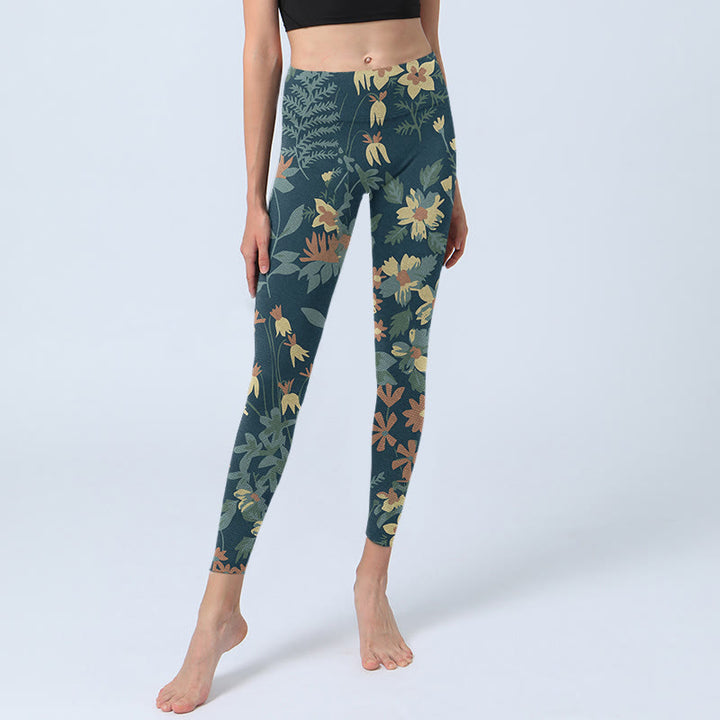 Buddha Stones Casual Daisy Kwiaty Liście Nadruk Siłownia Fitness Legginsy Damskie Spodnie Do Jogi - image 5