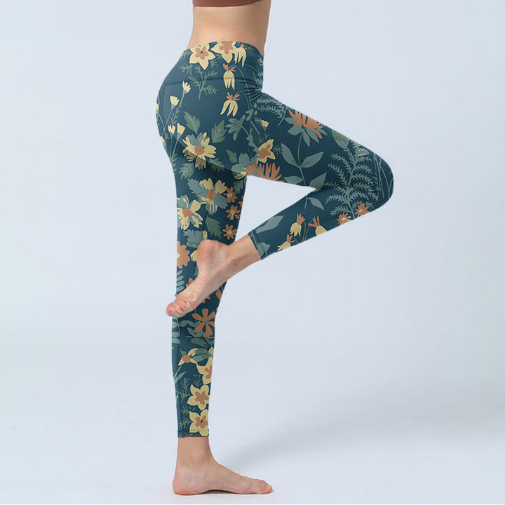 Buddha Stones Casual Daisy Kwiaty Liście Nadruk Siłownia Fitness Legginsy Damskie Spodnie Do Jogi - image 3