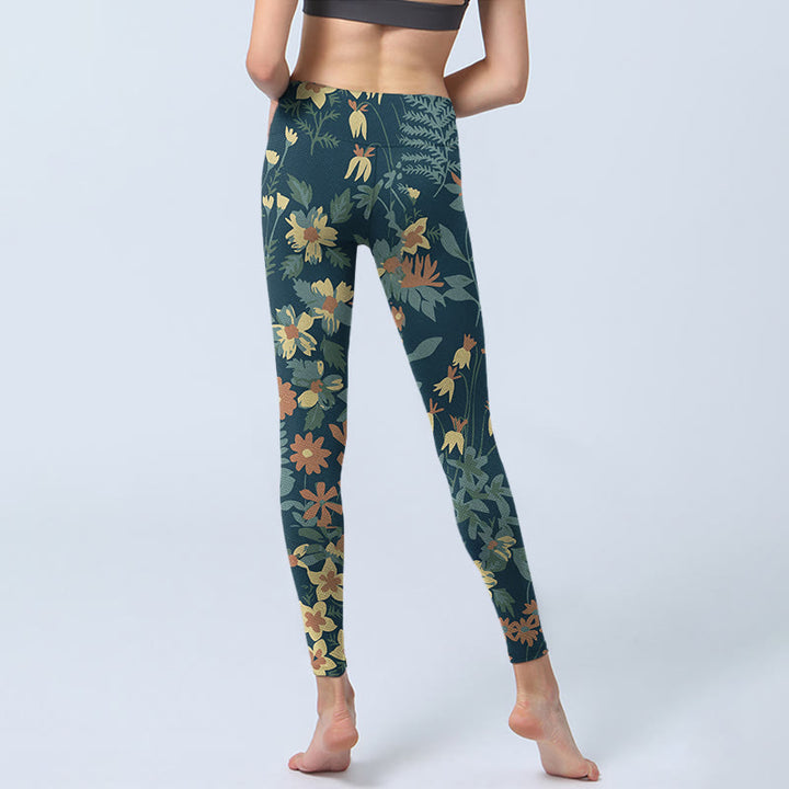 Buddha Stones Casual Daisy Kwiaty Liście Nadruk Siłownia Fitness Legginsy Damskie Spodnie Do Jogi - image 6