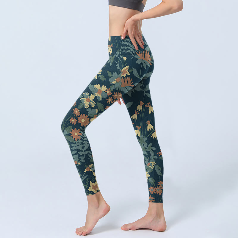 Buddha Stones Casual Daisy Kwiaty Liście Nadruk Siłownia Fitness Legginsy Damskie Spodnie Do Jogi - image 2