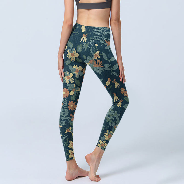 Buddha Stones Casual Daisy Kwiaty Liście Nadruk Siłownia Fitness Legginsy Damskie Spodnie Do Jogi - image 4