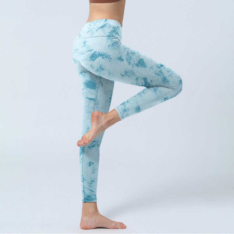 Buddha Stones Jasnoniebieskie Spodnie do Jogi Damskie Leginsy Fitness Gym Tie-dye Print - image 4