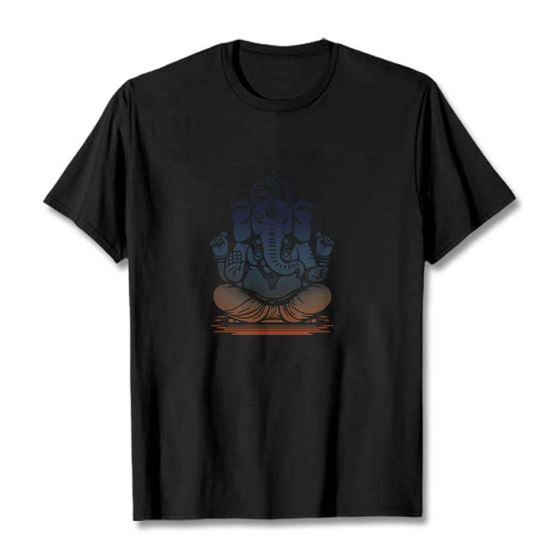 Buddha Stones Medytujący Ganesh Wzór Słonia Koszulka T-shirt - Czarny - 2XL - image 4