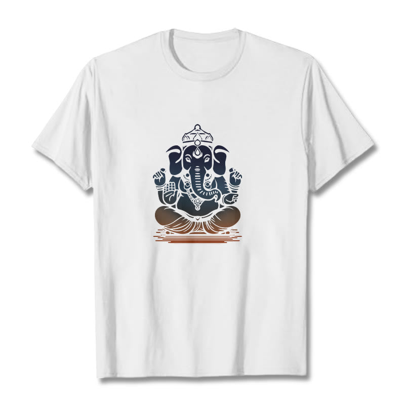 Buddha Stones Medytujący Ganesh Wzór Słonia Koszulka T-shirt - Biały - 2XL - image 0