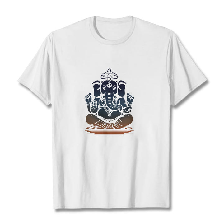 Buddha Stones Medytujący Ganesh Wzór Słonia Koszulka T-shirt - Biały - 2XL - image 0
