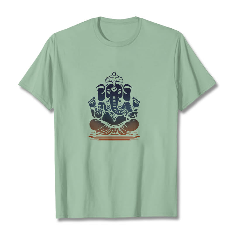 Buddha Stones Medytujący Ganesh Wzór Słonia Koszulka T-shirt - PaleGreen - 2XL - image 15