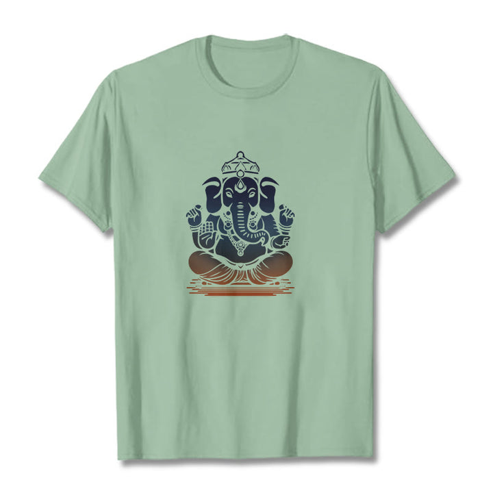 Buddha Stones Medytujący Ganesh Wzór Słonia Koszulka T-shirt - PaleGreen - 2XL - image 15