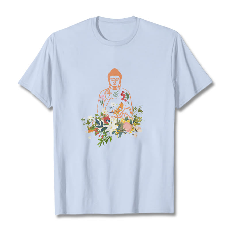 Buddha Stones Medytujący Budda Kwitnące Kwiaty Wzór T-shirt - Jasnoniebieski - 2XL - image 18