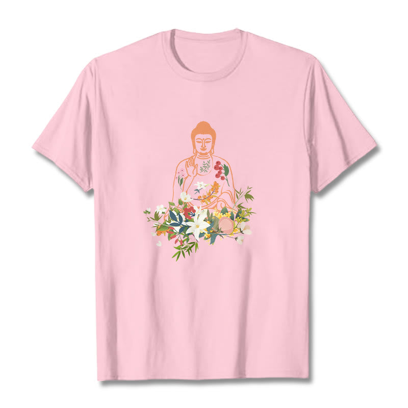 Buddha Stones Medytujący Budda Kwitnące Kwiaty Wzór T-shirt - Jasnoróżowy - 2XL - image 12