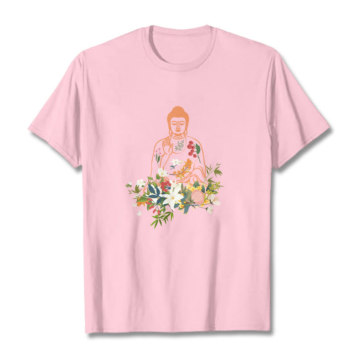 Buddha Stones Medytujący Budda Kwitnące Kwiaty Wzór T-shirt - Jasnoróżowy - 2XL - image 12