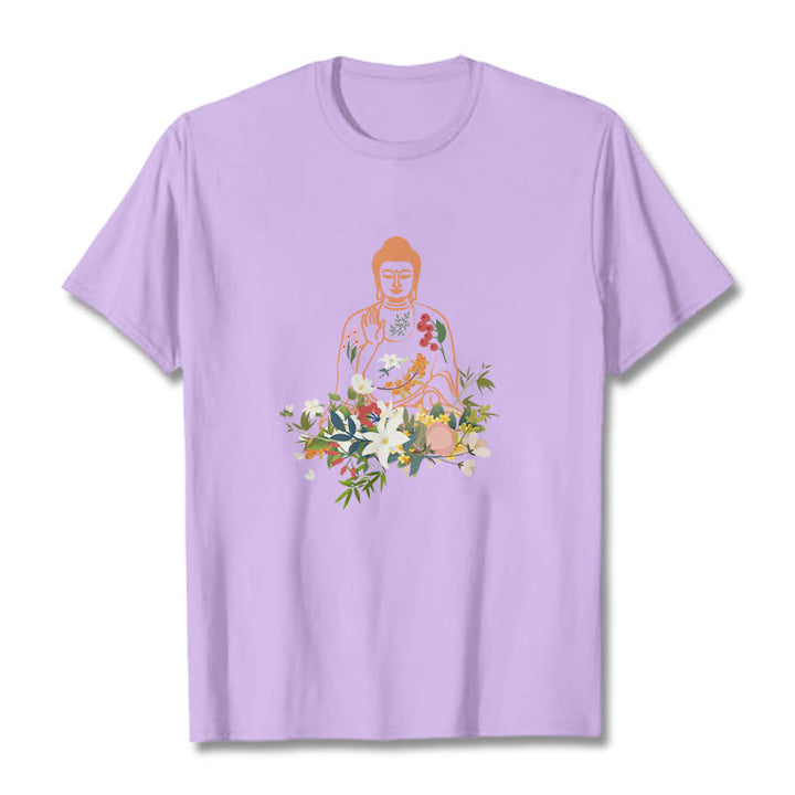 Buddha Stones Medytujący Budda Kwitnące Kwiaty Wzór T-shirt - Śliwka - 2XL - image 17