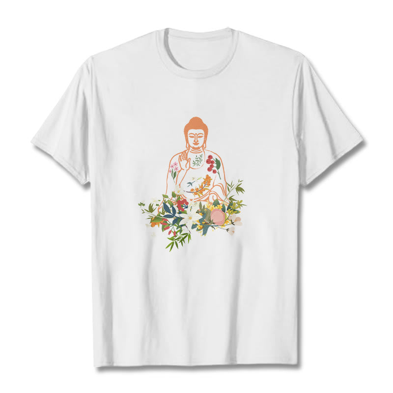Buddha Stones Medytujący Budda Kwitnące Kwiaty Wzór T-shirt - Biały - 2XL - image 5