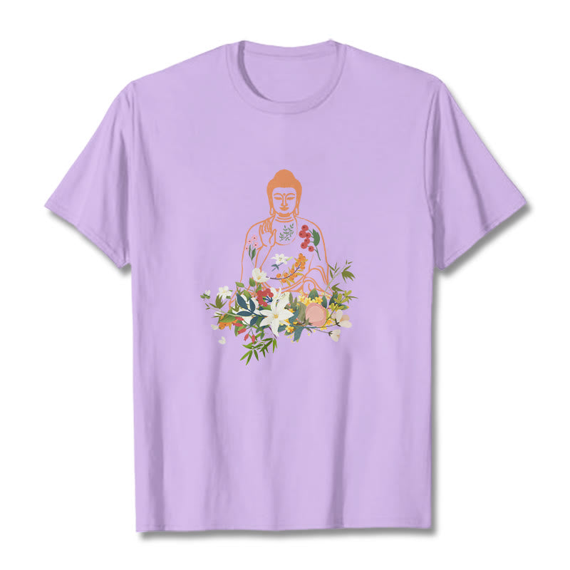 Buddha Stones Medytujący Budda Kwitnące Kwiaty Wzór T-shirt - Śliwka - 2XL - image 16