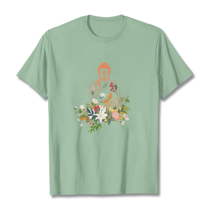 Buddha Stones Medytujący Budda Kwitnące Kwiaty Wzór T-shirt - PaleGreen - 2XL - image 15