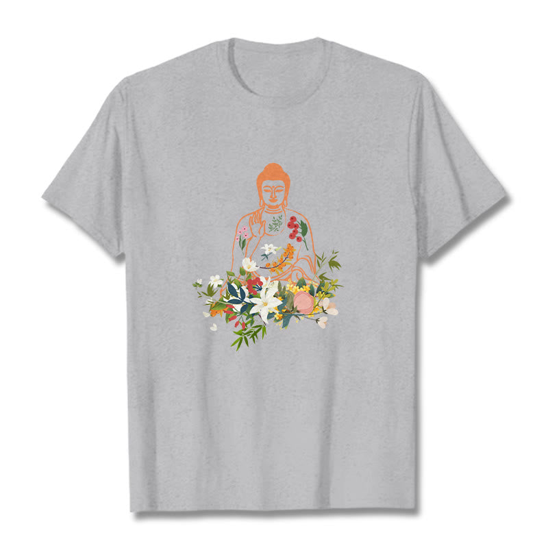 Buddha Stones Medytujący Budda Kwitnące Kwiaty Wzór T-shirt - Jasnoszary - 2XL - image 19