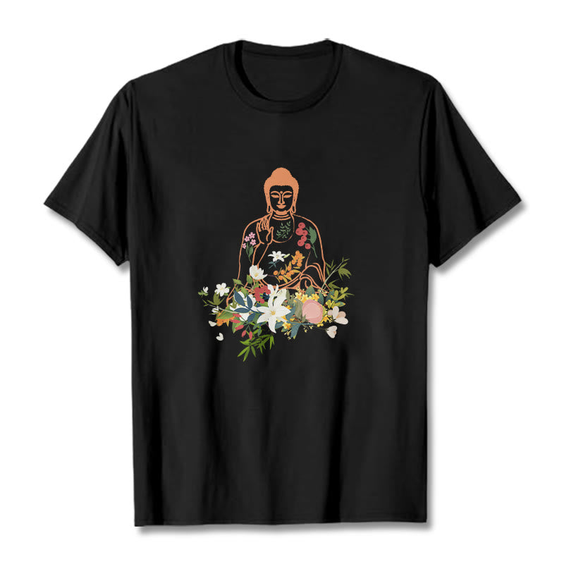 Buddha Stones Medytujący Budda Kwitnące Kwiaty Wzór T-shirt - Czarny - 2XL - image 0