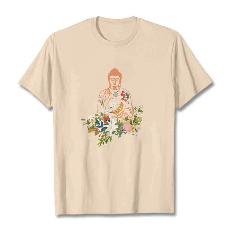Buddha Stones Medytujący Budda Kwitnące Kwiaty Wzór T-shirt - For - 2XL - image 9