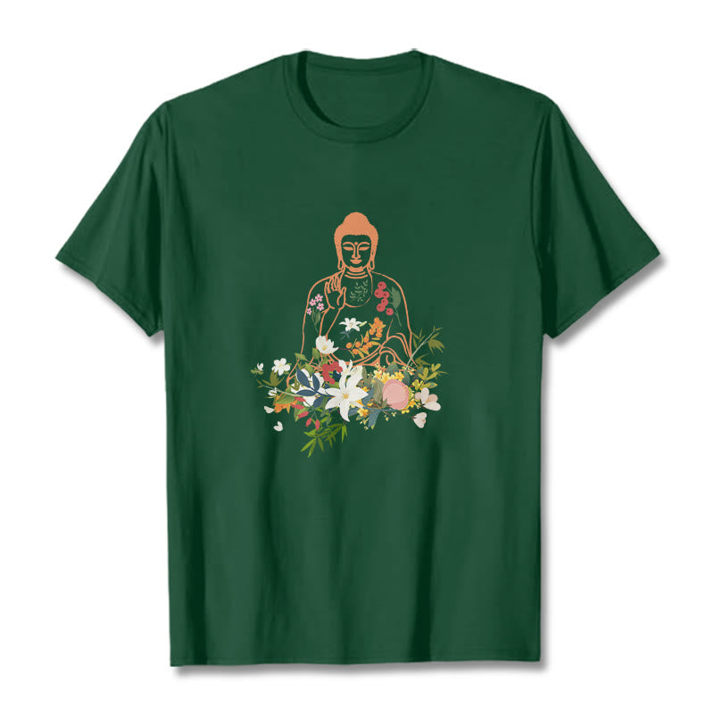 Buddha Stones Medytujący Budda Kwitnące Kwiaty Wzór T-shirt - ForestGreen - 2XL - image 11