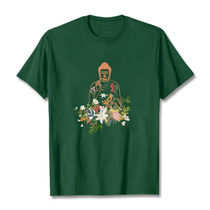 Buddha Stones Medytujący Budda Kwitnące Kwiaty Wzór T-shirt - ForestGreen - 2XL - image 10