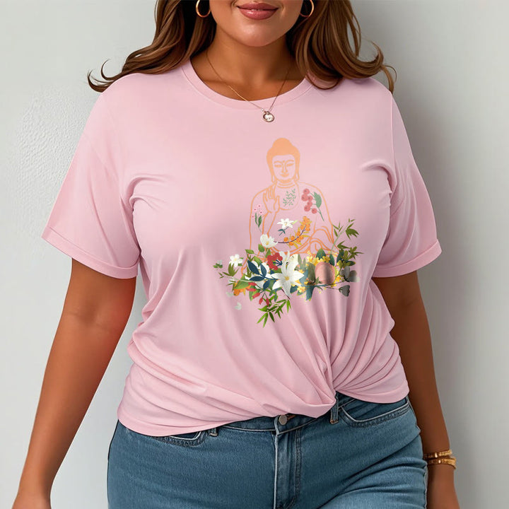 Buddha Stones Medytujący Budda Kwitnące Kwiaty Wzór T-shirt - image 13