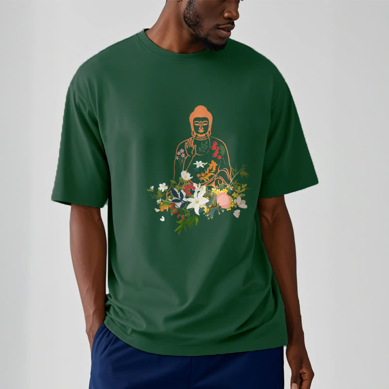 Buddha Stones Medytujący Budda Kwitnące Kwiaty Wzór T-shirt - image 12