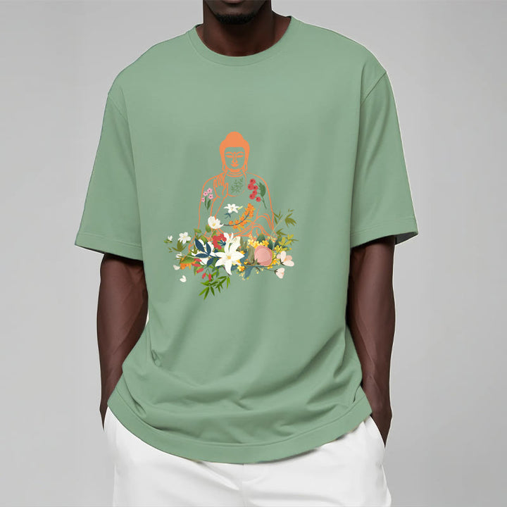 Buddha Stones Medytujący Budda Kwitnące Kwiaty Wzór T-shirt - image 15
