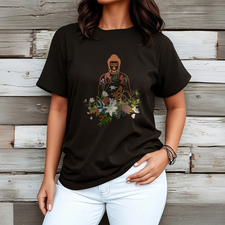 Buddha Stones Medytujący Budda Kwitnące Kwiaty Wzór T-shirt - image 3