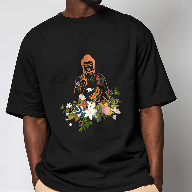 Buddha Stones Medytujący Budda Kwitnące Kwiaty Wzór T-shirt - image 1