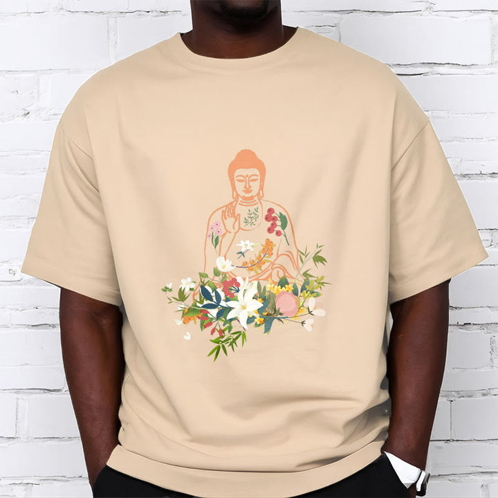 Buddha Stones Medytujący Budda Kwitnące Kwiaty Wzór T-shirt - image 9