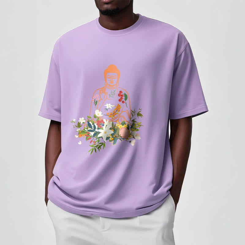Buddha Stones Medytujący Budda Kwitnące Kwiaty Wzór T-shirt - image 17