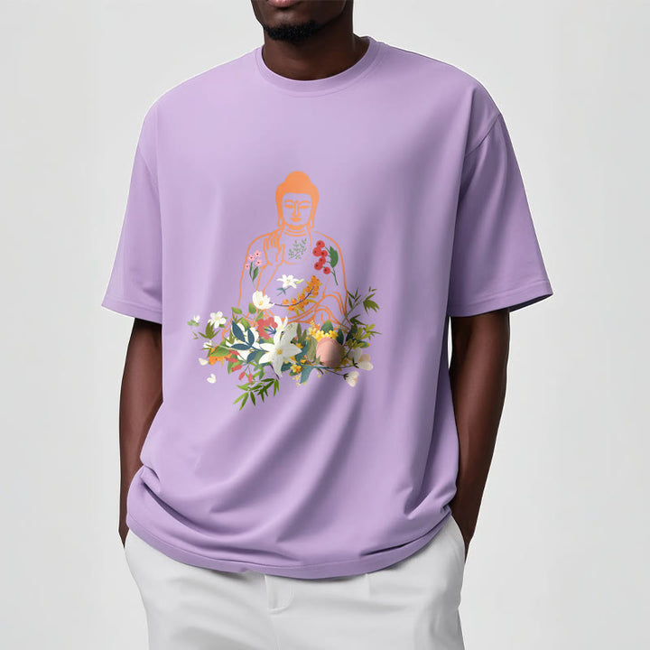 Buddha Stones Medytujący Budda Kwitnące Kwiaty Wzór T-shirt - image 17