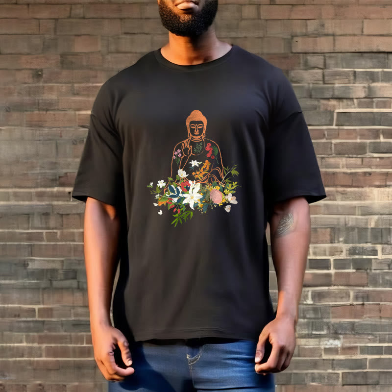 Buddha Stones Medytujący Budda Kwitnące Kwiaty Wzór T-shirt - image 2