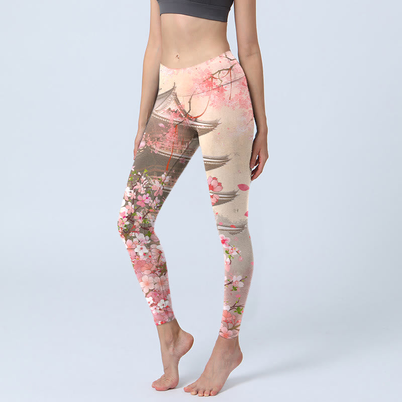 Buddha Stones Różowe Sakura Antyczny Budynek Nadruk Fitness Legginsy Damskie Spodnie Do Jogi - Lawendowy róż - US18, UK/AU22, EU50 (4XL) - image 1