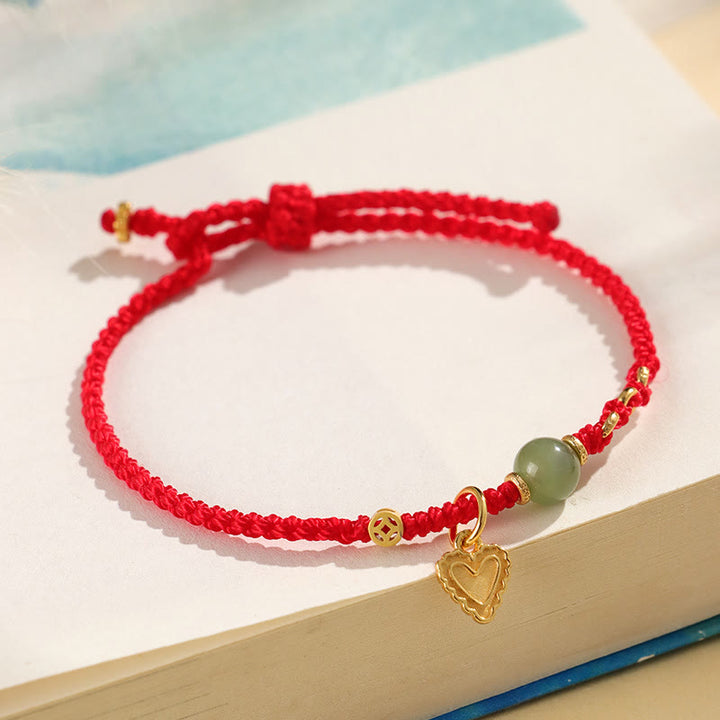 Buddha Stones 925 Srebro Sterlingowe Koralik Jade Hetian Miedziana Moneta Miłość Serce Charm Bransoletka Szczęścia