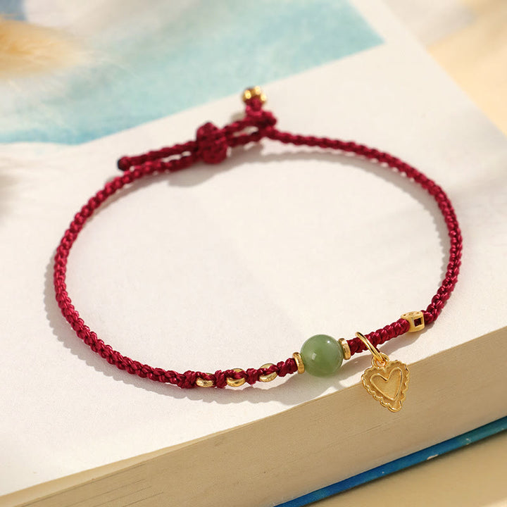 Buddha Stones 925 Srebro Sterlingowe Koralik Jade Hetian Miedziana Moneta Miłość Serce Charm Bransoletka Szczęścia