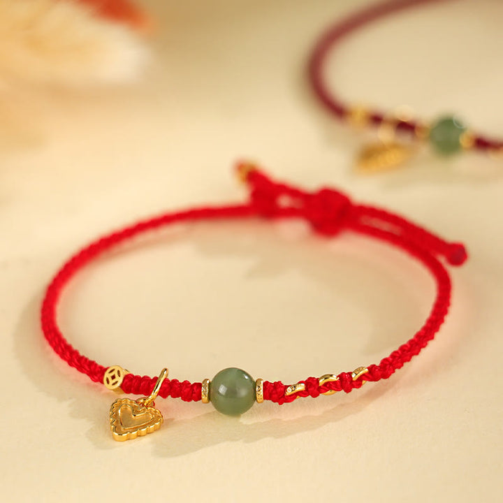 Buddha Stones 925 Srebro Sterlingowe Koralik Jade Hetian Miedziana Moneta Miłość Serce Charm Bransoletka Szczęścia