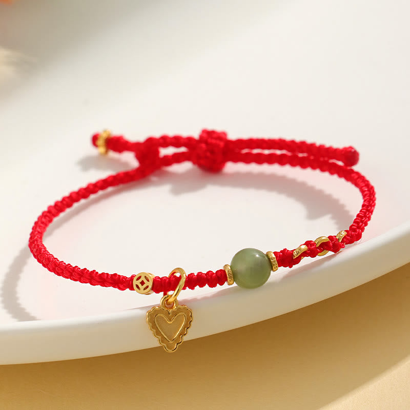 Buddha Stones 925 Srebro Sterlingowe Koralik Jade Hetian Miedziana Moneta Miłość Serce Charm Bransoletka Szczęścia