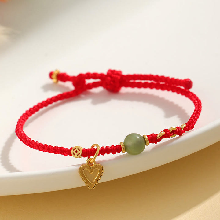 Buddha Stones 925 Srebro Sterlingowe Koralik Jade Hetian Miedziana Moneta Miłość Serce Charm Bransoletka Szczęścia
