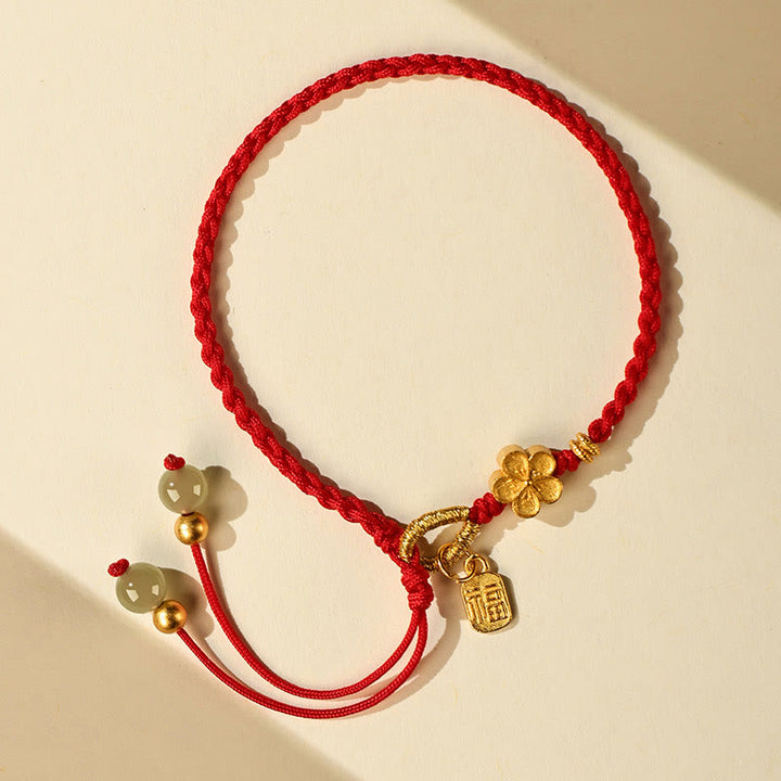 Buddha Stones Hetian Jade Mały Brzoskwiniowy Kwiat Fu Charakter Charm Bransoletka Sznurek Szczęścia